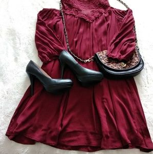 Burgundy dress.